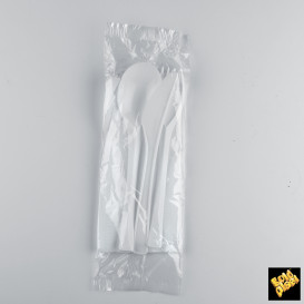 Biologisch Besteckset Gabel, Messer, Löffel und Servietten weiß (400 Einh.)