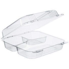 Plastikbehälter PS 3-Geteilt "StayLock" Klappdeckel Transp. 1120ml (100 Stück)