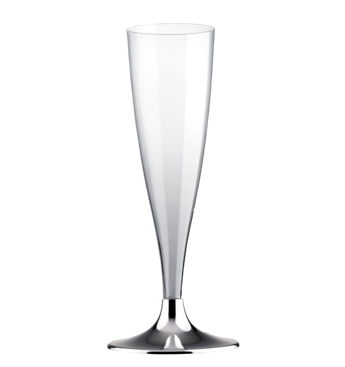 Sektflöte Plastik mit Silber Chrom Fuß 140ml (200 Stück) Sektflöte Plastik mit Silber Chrom Fuß 140ml (200 Stück)
