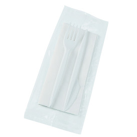 Besteckset Gabel, Messer und Serviette weiß (25 Stück)