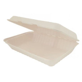 Verpackung Zuckerrohr-Fasern mit Deckel Scharnieren Natur 335x230x75mm (50 Einh)
