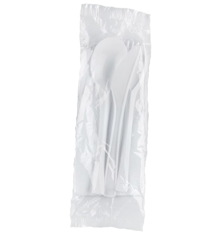 Besteckset Gabel, Messer, Löffel und Serviette weiß (50 Stück) Besteckset Gabel, Messer, Löffel und Serviette weiß (50 Stück)