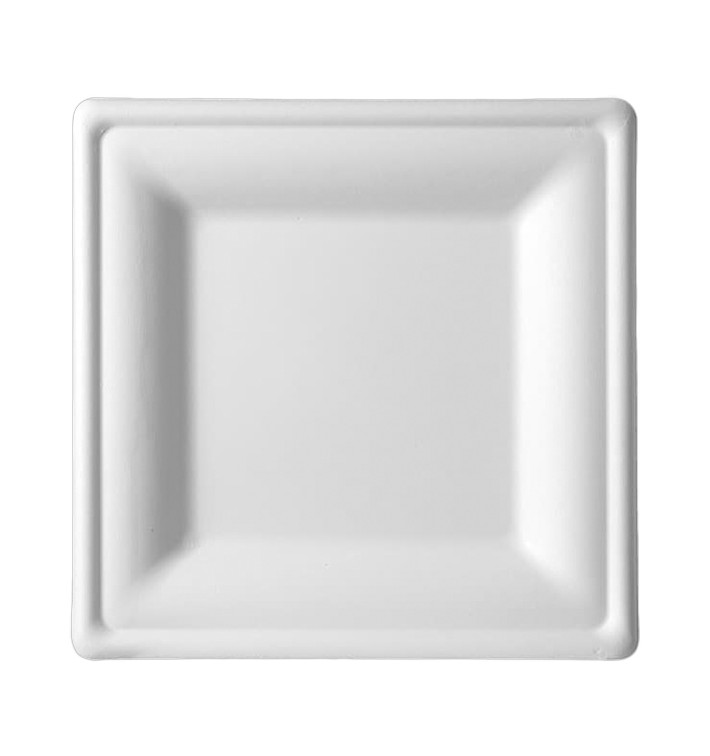 Quadratischer Teller Zuckerrohr Weiß 15x15cm (25 Stück) Quadratischer Teller Zuckerrohr Weiß 15x15cm (25 Stück)