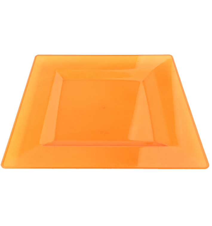 Viereckiger Plastikteller extra hart Orange 20x20cm (4 Stück) Viereckiger Plastikteller extra hart Orange 20x20cm (4 Stück)