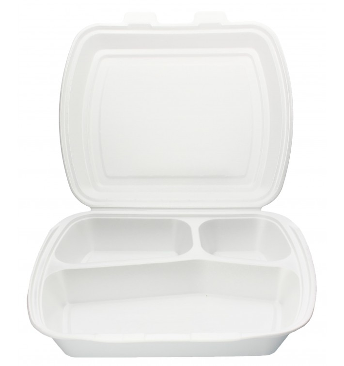 250 Stück Menübox Foodbox Pommesbox Styropor 3-geteilt Weiß HP4 23x19x7,5cm 