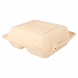 Menübox Zuckerrohr 3-Geteilt Natur 20x20x7,5cm (50 Stück)