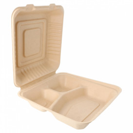 Menübox Zuckerrohr 3-Geteilt Natur 20x20x7,5cm (50 Stück)