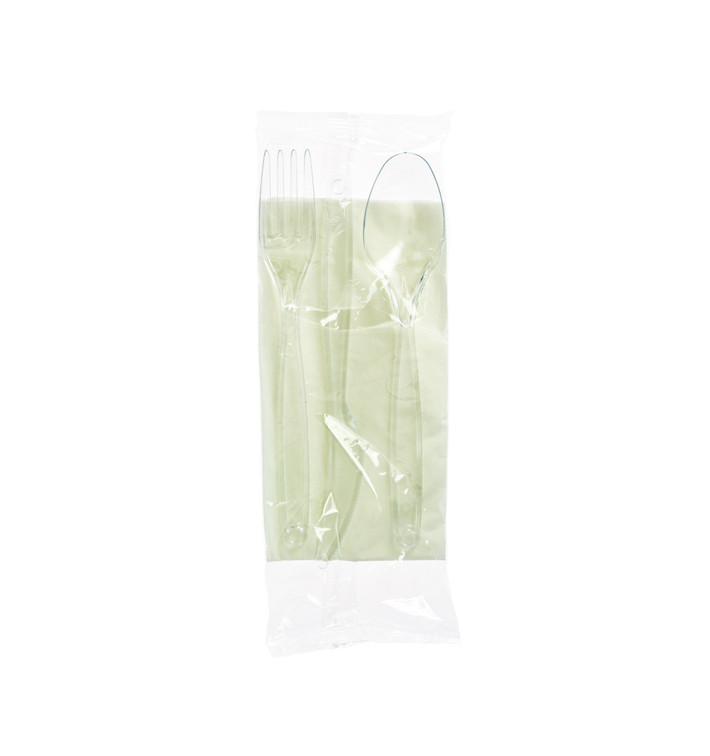 Besteckset Messer, Gabel, Löffel und Serviette transp. (500 Stück) Besteckset Messer, Gabel, Löffel und Serviette transp. (500 Stück)