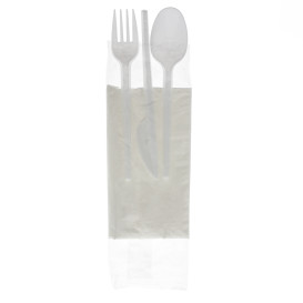 Besteckset Messer, Gabel, Löffel und Serviette weiß (25 Stück)