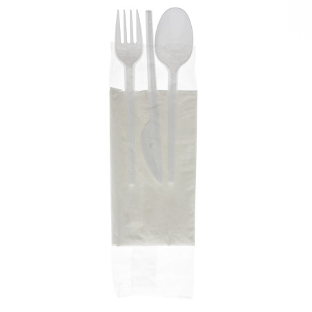 Besteckset Messer, Gabel, Löffel und Serviette weiß (250 Stück)