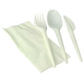Besteckset Messer, Gabel, Löffel weiß Maisstärke PLA und Serviette (100 Stück)