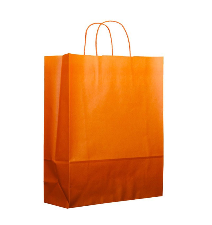 Papiertüten Orange mit Henkeln 26+14x32cm (250 Stück) Papiertüten Orange mit Henkeln 26+14x32cm (250 Stück)