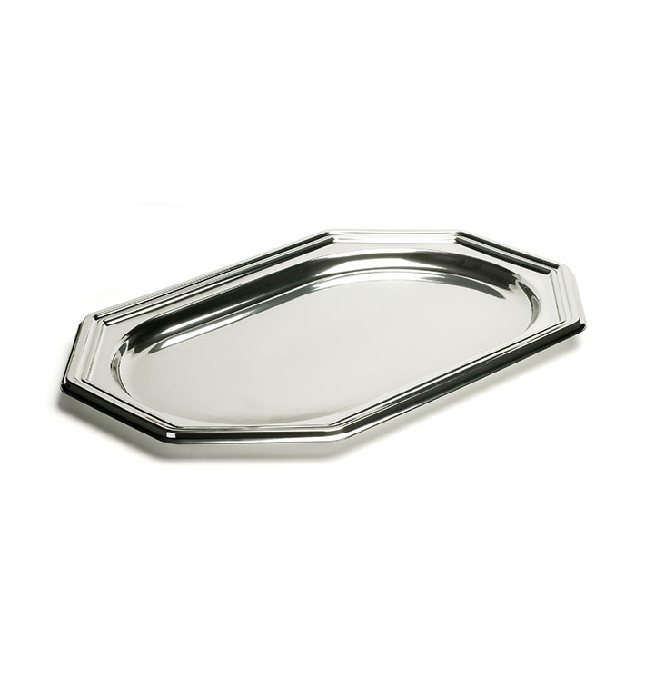 Plastiktablett achteckig silber 46x30cm (5 Stück) Plastiktablett achteckig silber 46x30cm (5 Stück)