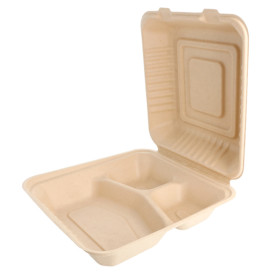 Menübox Zuckerrohr 3-Geteilt Natur 20x20x7,5cm (50 Stück)