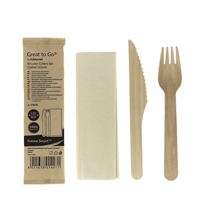 Besteckset aus Holz mit Wachsschicht Gabel, Messer und Serviette (25 Stück) Besteckset aus Holz mit Wachsschicht Gabel, Messer und Serviette (25 Stück)