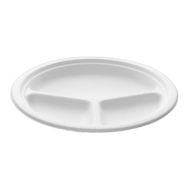 Teller Zuckerrohr-Fasern Bagasse 3-Geteilt Weiß Ø23 cm (50 Stück)