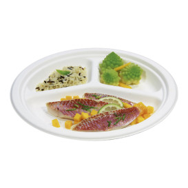Teller Zuckerrohr-Fasern Bagasse 3-Geteilt Weiß Ø23 cm (50 Stück)