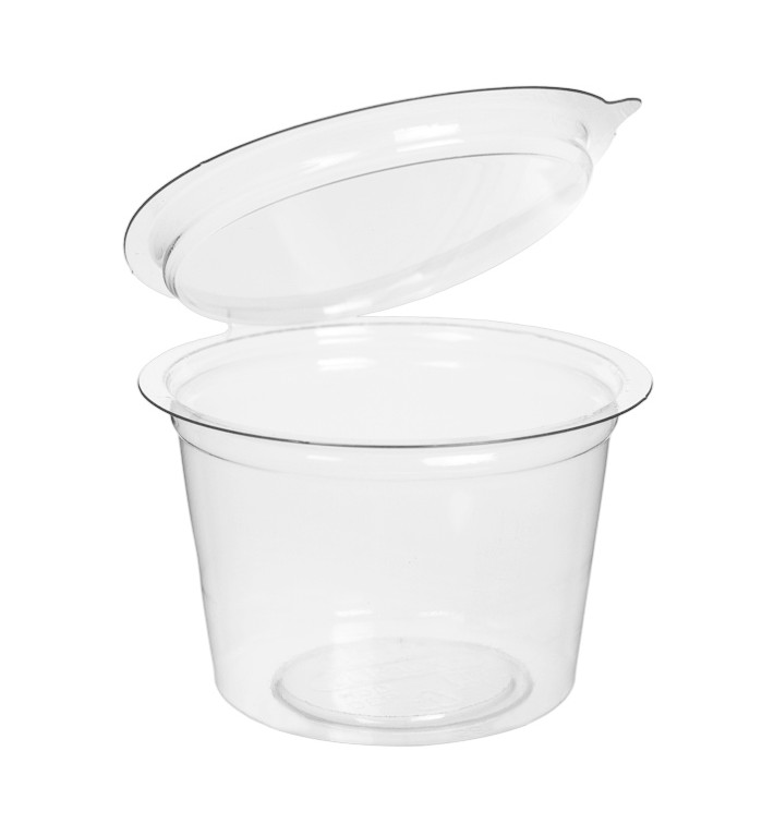 Transparente Dressingbecher mit Klappdeckel Rund APET 100ml (405 Stück) Transparente Dressingbecher mit Klappdeckel Rund APET 100ml (405 Stück)