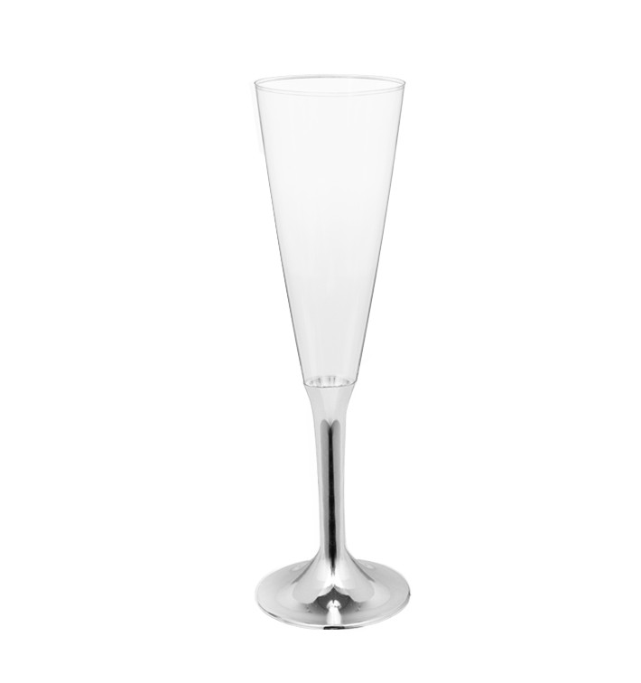 Sektflöte Plastik mit silbernem Chrom Fuß 160ml 2T (20 Stück) Sektflöte Plastik mit silbernem Chrom Fuß 160ml 2T (20 Stück)