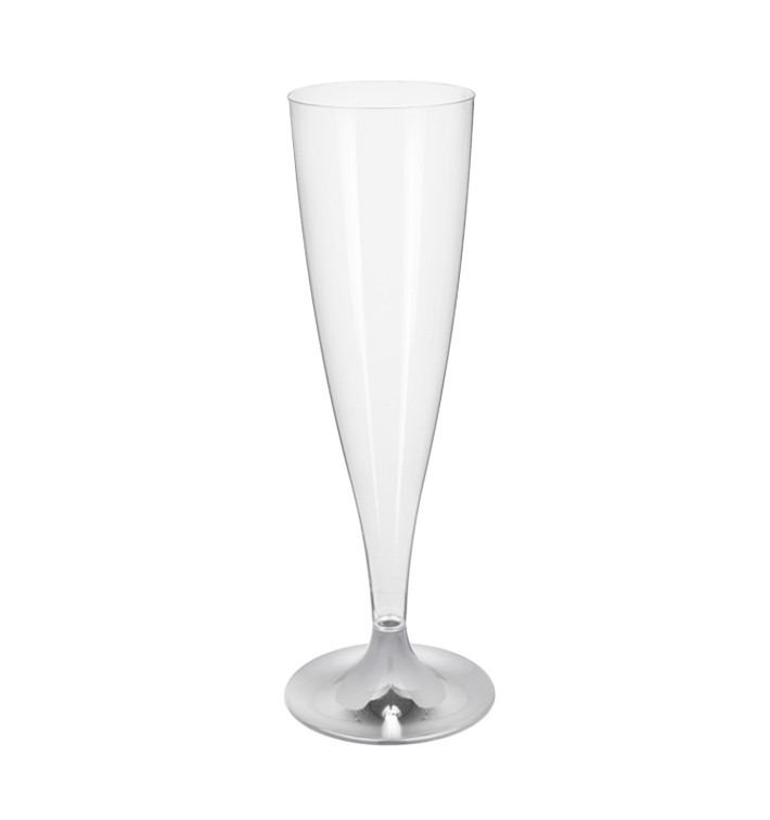 Sektflöte Plastik mit silbernem Chrom Fuß 140ml 2T (20 Stück) Sektflöte Plastik mit silbernem Chrom Fuß 140ml 2T (20 Stück)