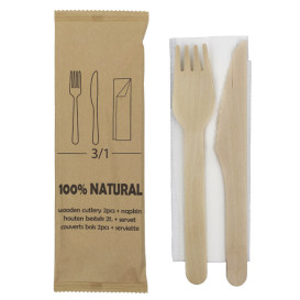 Holzbesteck Gabel, Messer, Servietten (25 Stük)