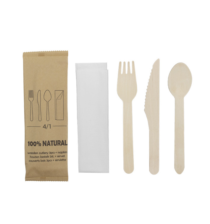 Holzgabel, Messer, Löffel und Servietten-Set 20,5cm (600 Stück) Holzgabel, Messer, Löffel und Servietten-Set 20,5cm (600 Stück)