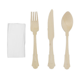 Holzgabel, Messer, Löffel und Servietten-Set 20cm (100 Stück)