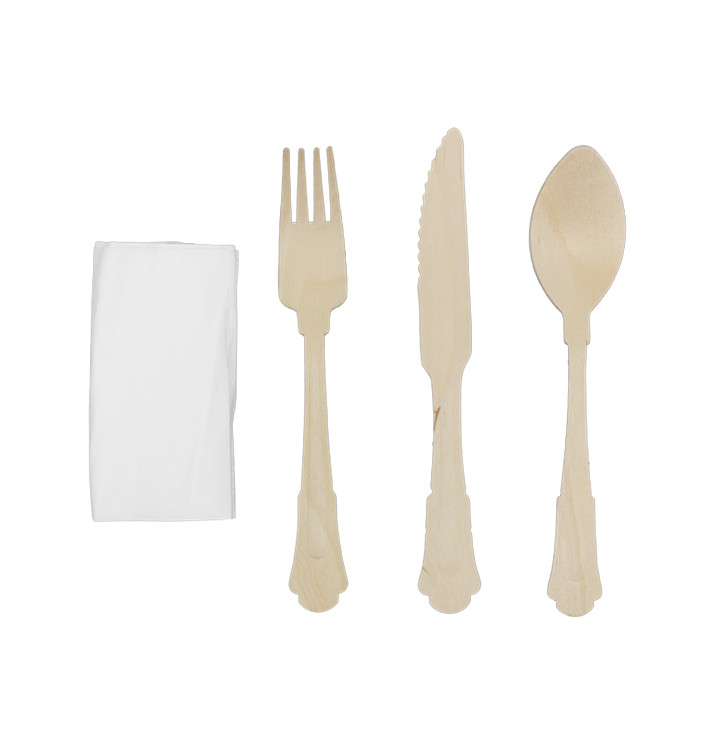 Holzgabel, Messer, Löffel und Servietten-Set 20cm (25 Stück)