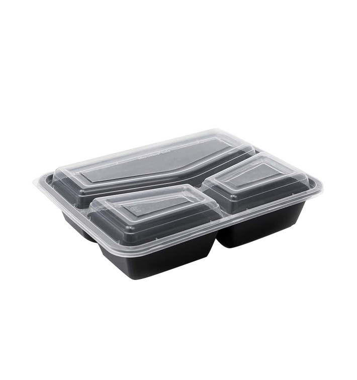 Verpackungsbecher aus Kunststoff PP Schwarz 3-Geteilt mit Deckel 930ml 23x18,3cm (50 Stück)