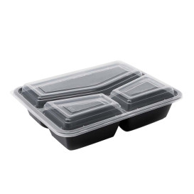 Verpackungsbecher aus Kunststoff PP Schwarz 3-Geteilt mit Deckel 930ml 23x18,3cm (300 Stück)