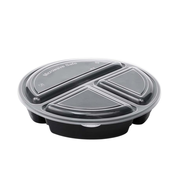Verpackungsbecher aus Kunststoff PP Schwarz 3-Geteilt mit Deckel 920ml Ø22cm (50 Stück)