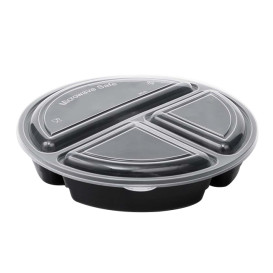 Verpackungsbecher aus Kunststoff PP Schwarz 3-Geteilt mit Deckel 920ml Ø22cm (300 Stück)