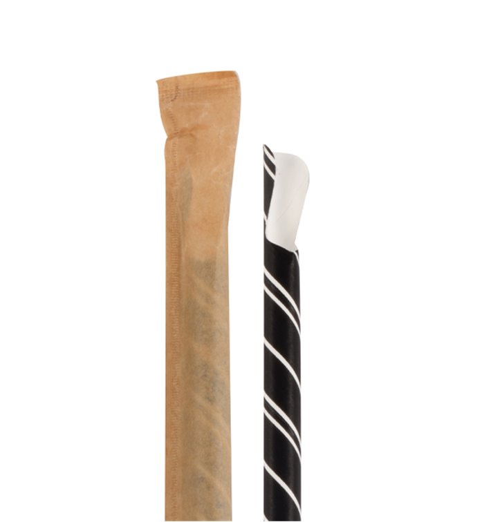 Trinkhalme Mit Löffel aus Paper Schwarz Weißen Streifen Verpackt Ø8mm 20cm (100 Stück)