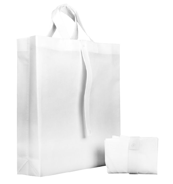 Faltender Vliesstofftasche PREMIUM Kurzen Griffen Weiße 40+15x40cm (25 Stück) Faltender Vliesstofftasche PREMIUM Kurzen Griffen Weiße 40+15x40cm (25 Stück)
