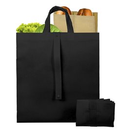 Faltender Vliesstofftasche PREMIUM Kurzen Griffen Schwarz 40+15x40cm (150 Stück)