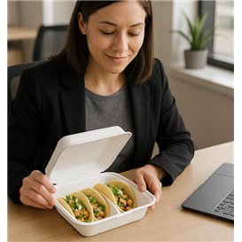Clamshell Taco-Halter mit Klappdeckel aus Pappe Weiß 3 Fächern 41x48x40cm (50 Stück)
