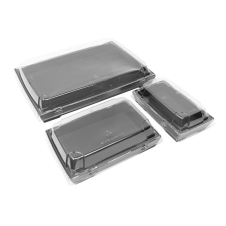 Schwarze Kartonverpackung für Sushi geöffnet, zeigt das Innere