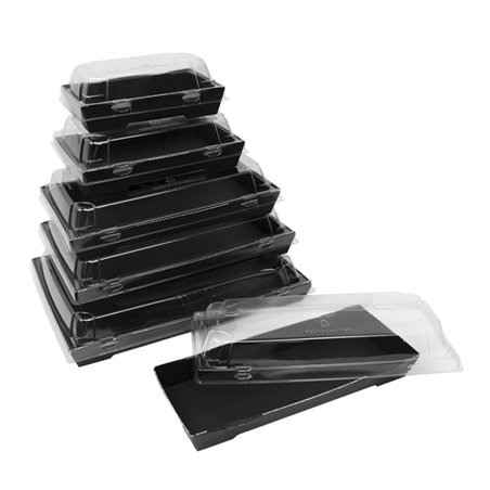 Schwarze Kartonverpackung für Sushi mit Menüpräsentation