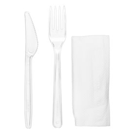 Wiederverwendbares PS Besteckset Gabel, Messer und Serviette (25 Stück)