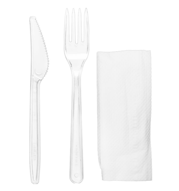 Wiederverwendbares PS Besteckset Gabel, Messer und Serviette (25 Stück)
