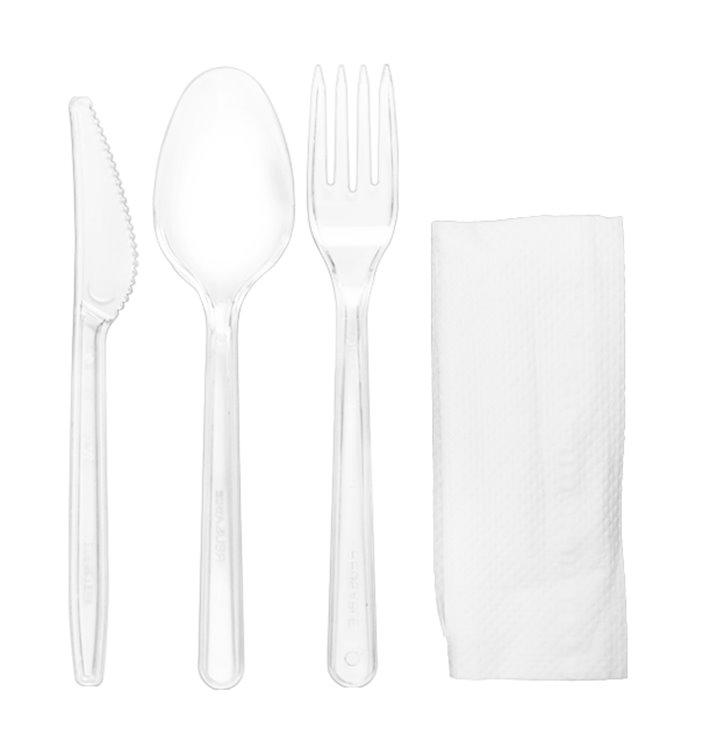 Wiederverwendbares PS Besteckset Gabel, Messer, Löffel und Serviette (25 Stück)