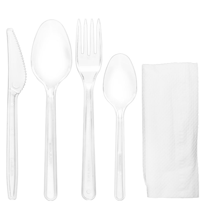 Wiederverwendbares PS Besteckset Gabel, Messer, Löffel, Teelöffel und Serviette (25 Stück)
